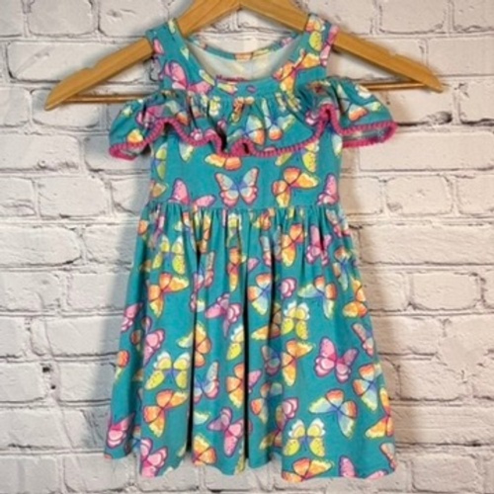 Nannette Kids Butterfly Print Cold Shoulder Ruffle Dress Teal Blue Size 5
